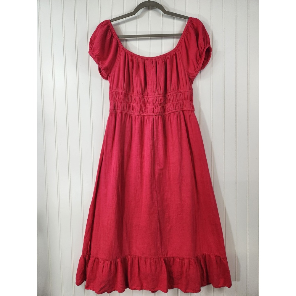Sim & Sam Hot Pink Smocked Midi Dress XL Linen Blend Ruffle Hem Short Sleeve - Picture 2 of 10